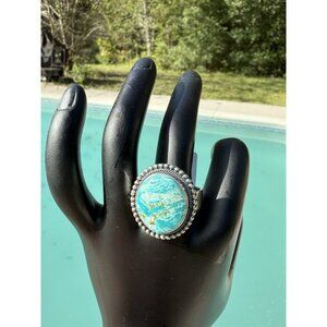 Navajo Sonoran Gold Turquoise Statement Adj Ring SS 925 Signed A Martinez Native